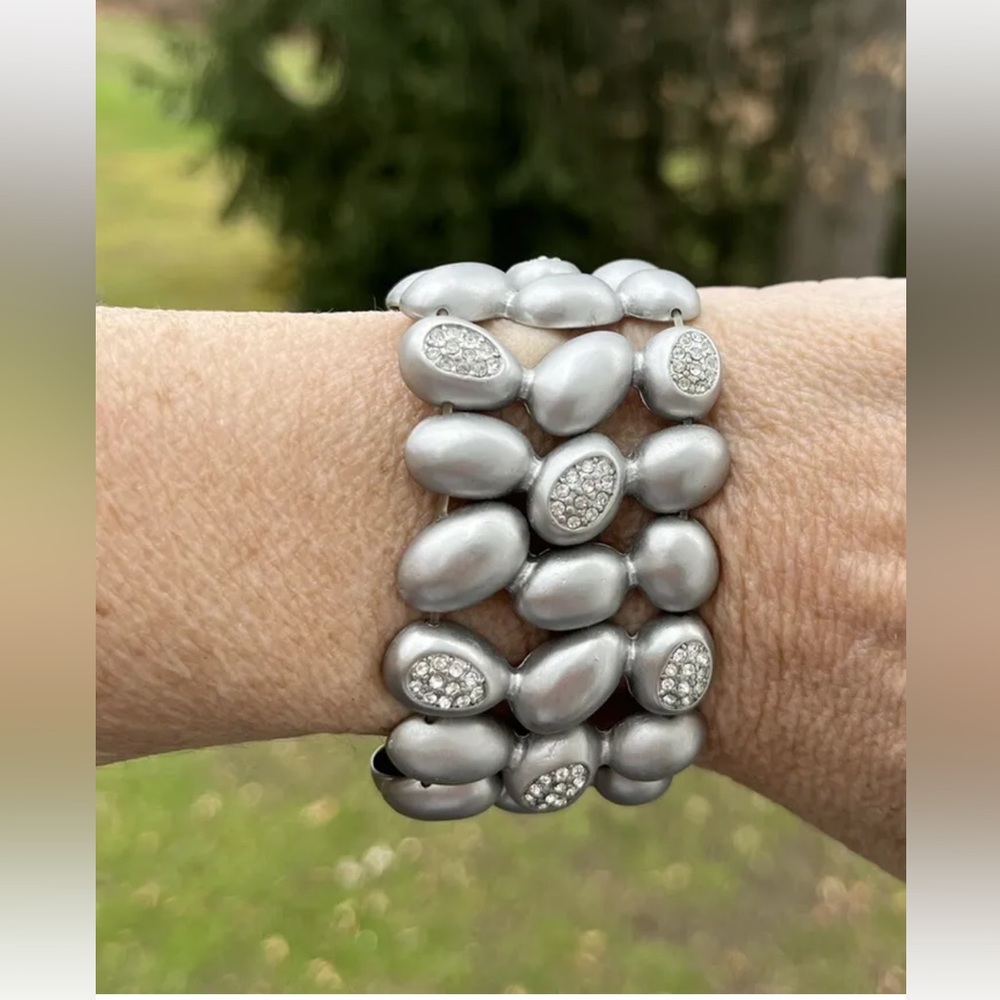 Wide silver tone cobblestone bracelet with crystal rhinestones